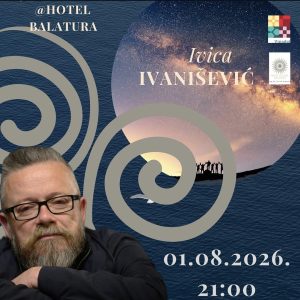 Bearded man with glasses in foreground on an event poster for Ivica Ivanisević at Hotel Balatura, featuring spiral graphics and night sky.