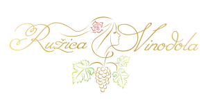 Brand logo for Ružica Vinodola featuring a woman's profile, rose and grapevine motif in gold and green.