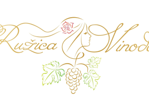 Brand logo for Ružica Vinodola featuring a woman's profile, rose and grapevine motif in gold and green.