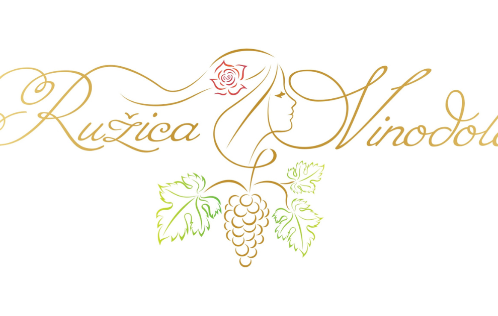 Brand logo for Ružica Vinodola featuring a woman's profile, rose and grapevine motif in gold and green.