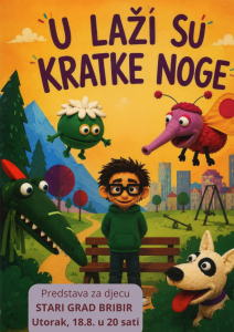 Colorful children's poster featuring a green monster, pink elephant, a dog, and a boy with glasses in a park, with Croatian text promoting a show.