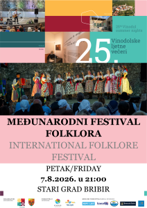 Poster for an international folklore festival featuring dancers in traditional dress on stage, bold event title and sponsor logos at the bottom
