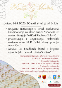 Poster announcing the Ružica Vinodola event with dates in August 2026 and activities listed (tasting, presentations) against a textured background with grape imagery and logos at the bottom.